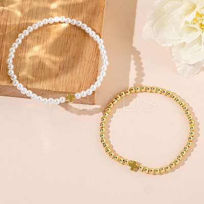 2Pcs Minimalist Imitation Pearl & Brass Cross Beaded Stretch Bracelet Sets QX2906-1-1