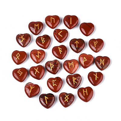 25Pcs Natural Red Jasper Heart Rune Stones with Elder Futhark Alphabet Engraved G-T144-02F-1