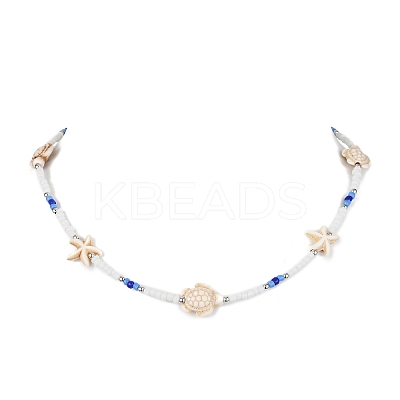 Tortoise & Starfish Synthetic Turquoise & Round Seed Beaded Necklace NJEW-TA00125-1