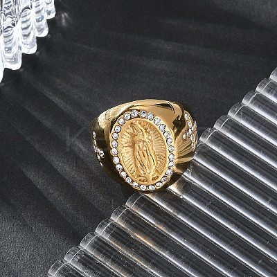 Oval with Saint 304 Stainless Steel Rhinestone Finger Ring for Unisex RJEW-Z076-05G-02-1