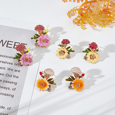 3 Pairs 3 Colors Enamel Flower with Mushroom Stud Earrings with Crystal Rhinestone EJEW-AN0003-07-1