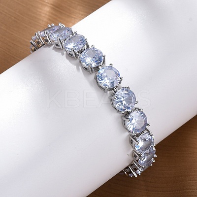 Brass Pave Clear Cubic Zirconia Flat Round Link Chain Bracelets for Women BJEW-A034-02P-1