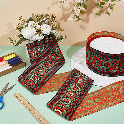 Flower Vintage Jacquard Polyester Ribbon OCOR-WH0107-10-1