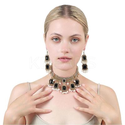 Rectangle Alloy Glass Choker Necklace & Earrings Sets for Women FS-WG507E8-05-1