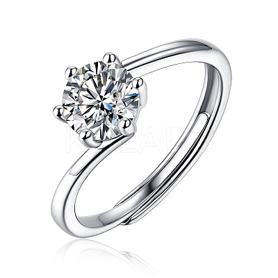 Rhodium Plated 925 Sterling Silver Moissanite Rhinestone Solitaire Ring AJEW-U007-24P-1