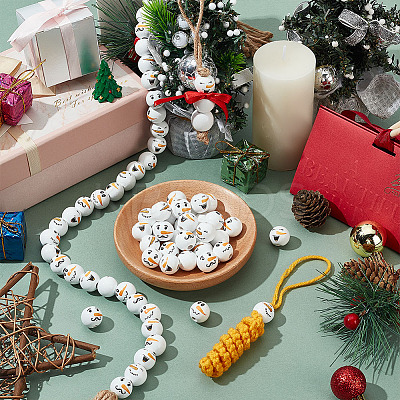 80Pcs 4 Styles Snowman Theme Printed Wood European Beads WOOD-PH0003-04A-1