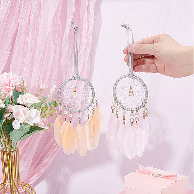 2Pcs 2 Colors Woven Net/Web with Feather Pendant Decorations AJEW-CP0005-26-1