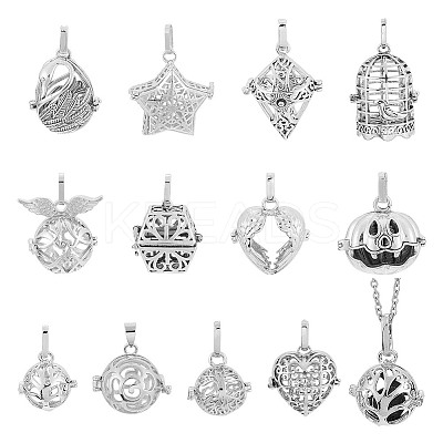 12Pcs 12 Styles Brass Hollow Bead Cage Pendants KK-AR0004-44-1
