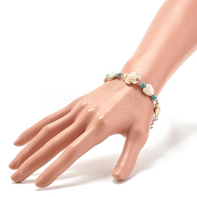 Heart & Tortoise Synthetic Turquoise(Dyed) Beaded Bracelet BJEW-JB07302-01-1