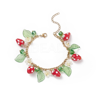 Plastic Imitation Pearl Flower & Acrylic Leaf & Lampwork Strawberry Charms Bracelet BJEW-TA00181-1