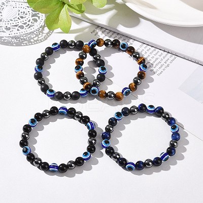 4Pcs Natural Gemstone and Evil Eye Resin Beads Stretch Bracelets Set for Women Men BJEW-JB08940-1