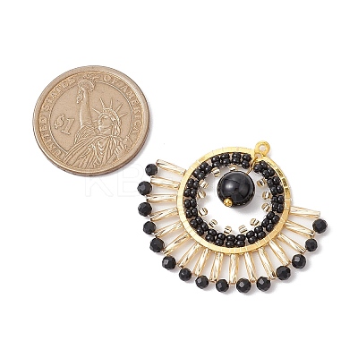 Natural Black Onyx(Dyed & Heated) & Glass Seed Beads Fan Pendants PALLOY-MZ00308-01-1