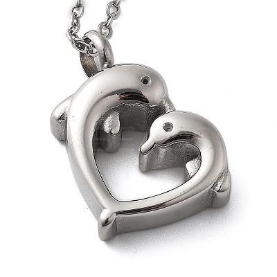 304 Stainless Steel Double Dolphin Heart Urn Ashes Necklaces LS-STAS-Z106-08P-1