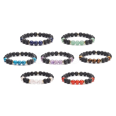 7Pcs 7 Style Natural Mixed Gemstone & Lava Rock Round Beaded Stretch Bracelets Set BJEW-JB08914-1