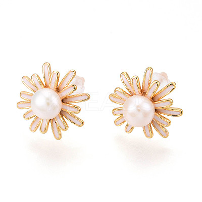 Flower Brass Natural Pearl Stud Earrings PEAR-N020-06W-1