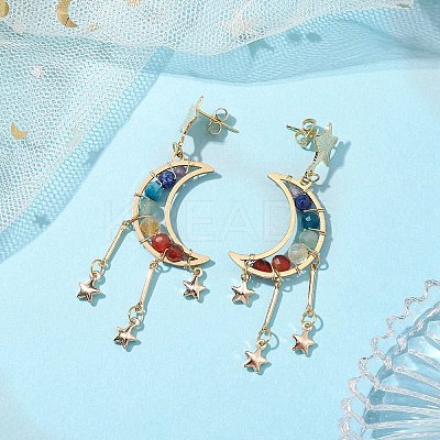 Chakra Moon Copper Wire Wrapped Gemstone Stud Earring EJEW-TA00484-1
