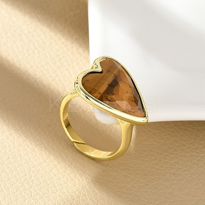 Heart Brass Natural Tiger Eye Finger Rings RJEW-D304-01G-D-1