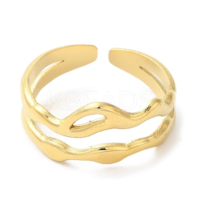 304 Stainless Steel Hollow Wave Open Cuff Ring for Women X-RJEW-I098-03G-1