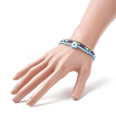 3Pcs 3 Style Evil Eye Polymer Clay & Glass Seed Beaded Stretch Bracelets Set for Women BJEW-JB09228-1