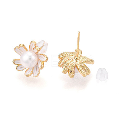 Flower Brass Natural Pearl Stud Earrings PEAR-N020-06X-1