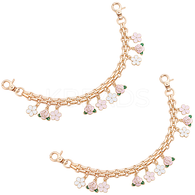 2Pcs Alloy Pink and White Enamel Flower Tassel Bag Decorative Chains AJEW-BBC0001-05-1