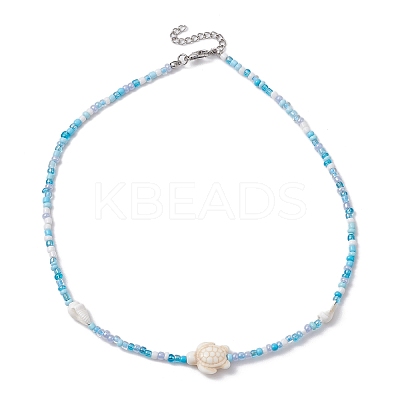 Summer Beach Sea Turtle Dyed Synthetic Turquoise & Glass Seed Beads Beaded Necklaces for Women NJEW-JN05081-02-1