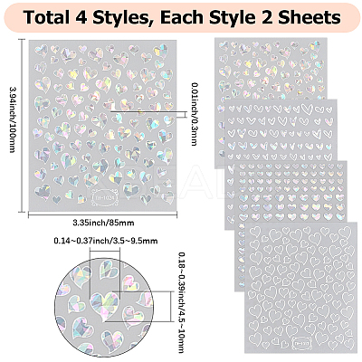 8 Sheets 4 Styles Laser Heart Pattern Nail Art Sticker DIY-CY0001-90-1