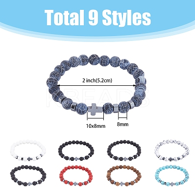 9Pcs 9 Style Natural & Synthetic Mixed Stone & Synthetic Hematite Cross Beaded Stretch Bracelets Set BJEW-FI0001-49-1