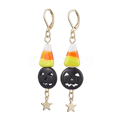 Halloween Candy Corn Handmade Lampwork & Black Pumpkin Synthetic Turquoise Leverback Dangle Earrings EJEW-JE05872-1