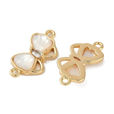 Brass Clear Cubic Zirconia Pave Natural Shell Bowknot Connector Charms KK-P283-06G-1
