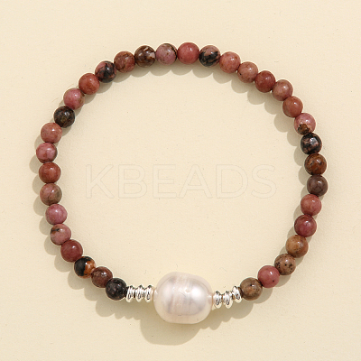 Natural Rhodonite & Freshwater Pearl Bead Stretch Bracelets for Women EC3110-3-1