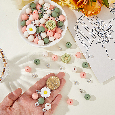 144Pcs 6 Styles Daisy & Round & Rondelle Food Grade Eco-Friendly Silicone Beads SIL-PA0001-15-1