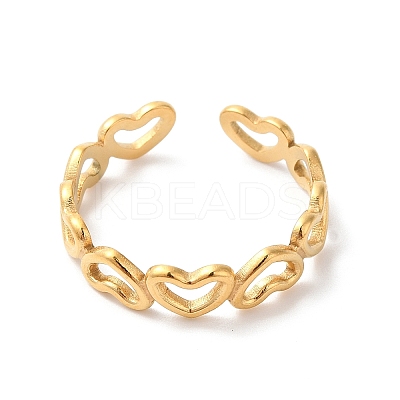 Ion Plating(IP) 304 Stainless Steel Hollow Heart Open Cuff Ring for Women RJEW-K245-28G-1