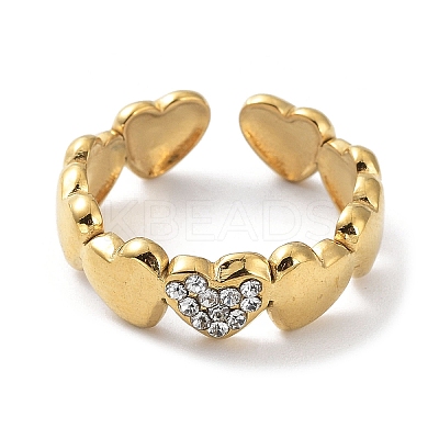 304 Stainless Steel Heart Open Cuff Ring with Crystal Rhinestone RJEW-L109-003G-1