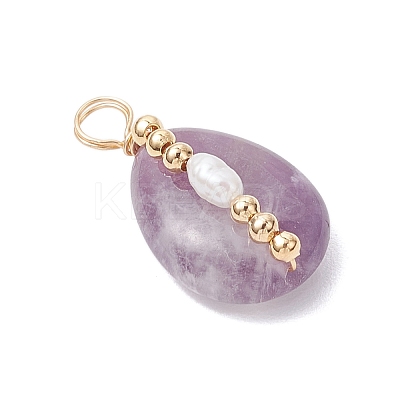 Copper Wire Wrapped Natural Amethyst & Natural Cultured Freshwater Pearl Beads Pendants PALLOY-JF03645-04-1