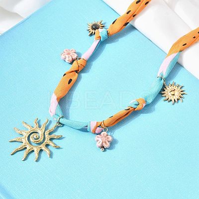 304 Stainless Steel Sun & Resin & Ceramic Flower Pendant Silk Ribbon Necklaces for Women NJEW-A063-10G-1