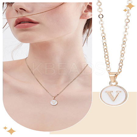 1Pc Zinc Alloy White Enamel Round with Letter Pendant Necklaces NJEW-LP0002-88G-V-1