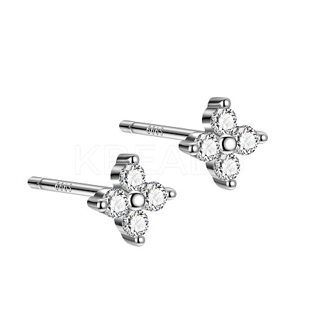 Rhodium Plated Clover 999 Fine Silver Cubic Zirconia Stud Earrings for Women EJEW-S215-16P-1
