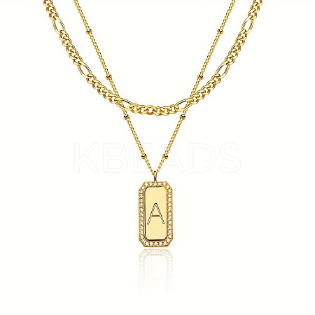 Brass Micro Pave Clear Cubic Zirconia Rectangle with Initial Pendant Double Layer Necklaces for Women FS-WG478B5-01-1