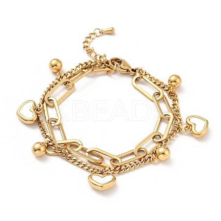 Shell Heart and Round Ball Charm Multi-strand Bracelet BJEW-G639-12G-1