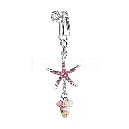 304 Stainless Steel Pave Cubic Zirconia & Plastic Pearl & Natural Shell Starfish Dangle Clip on Belly Rings FS-WG69EA3-02-1
