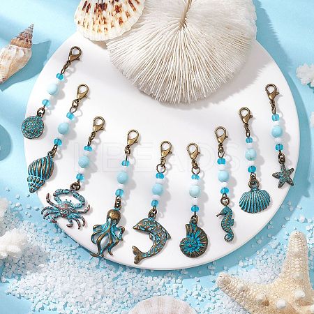9Pcs Ocean Theme Alloy Charm & Glass Beads Pendant Decorations HJEW-JM03158-1