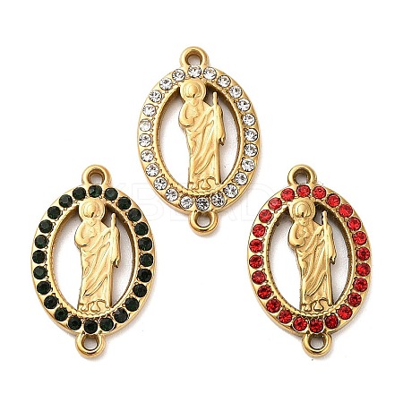 304 Stainless Steel Rhinestone Oval with Saint Jude Connector Charms STAS-H479-01G-1