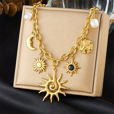 304 Stainless Steel Resin & Plastic Pearl Sun Pendant Bib Necklaces NJEW-H073-01G-1