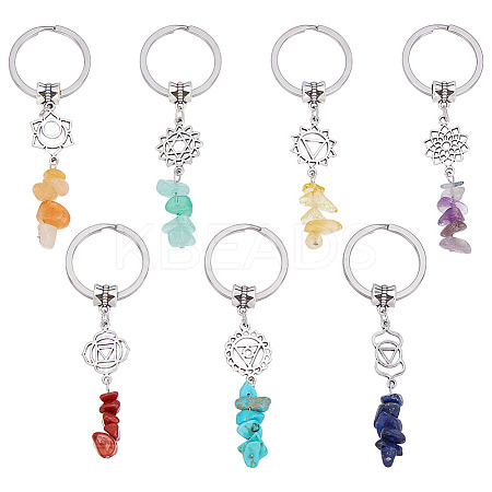 21Pcs 7 Styles Natural Red Jasper Red Aventurine Citrine Green Aventurine Lapis Lazuli Amethyst & Synthetic Turquoise Keychain with Alloy Finding and 304 Stainless Steel Split Key Ring KEYC-GO00010-1