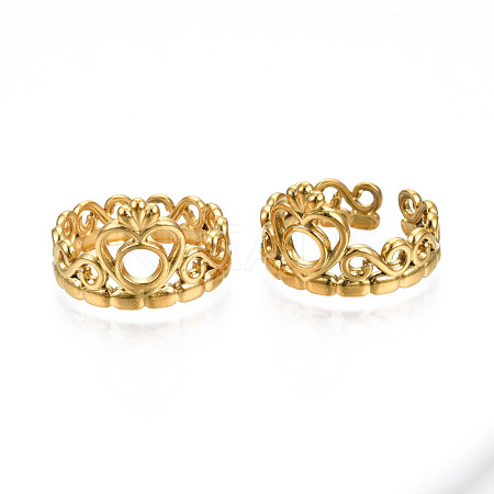 Ion Plating(IP) 304 Stainless Steel Heart Crown Open Cuff Ring for Women RJEW-S405-259G-1
