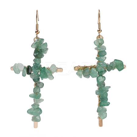 Natural Aventurine Cross Dangle Earrings EJEW-Z071-01G-02-1