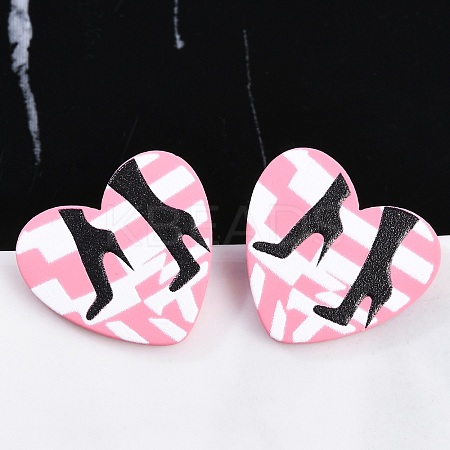 Heart Acrylic Printed Stud Earrings for Women EJEW-G418-01A-1