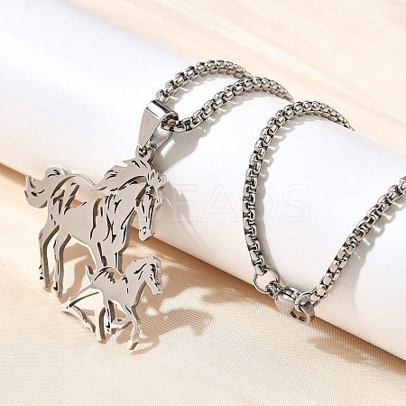 201 Stainless Steel Laser Cut Double Horse Pendant Box Chain Necklaces for Women Men LS-NJEW-E156-03P-1
