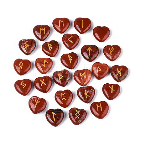 25Pcs Natural Red Jasper Heart Rune Stones with Elder Futhark Alphabet Engraved G-T144-02F-1